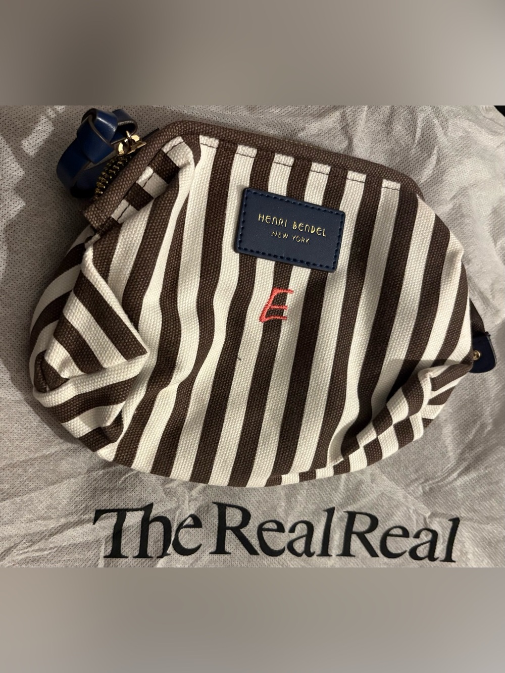 henri bendel Brown and White Striped Toiletry Pouch with Navy Trim